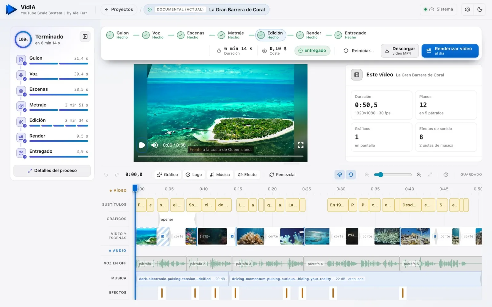 Editor de VidIA con la línea de tiempo: subtítulos, gráficos, vídeo, voz, música y efectos